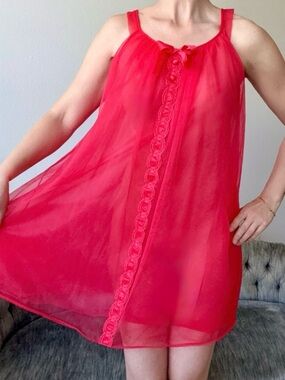 Vintage Red Sheer Babydoll Slip Nightgown Lace Trim Mini Medium Lingerie